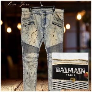 Balmain Paris Mens Biker Moto Ribbed Paint Splattered Denim Jeans Sz 38/34